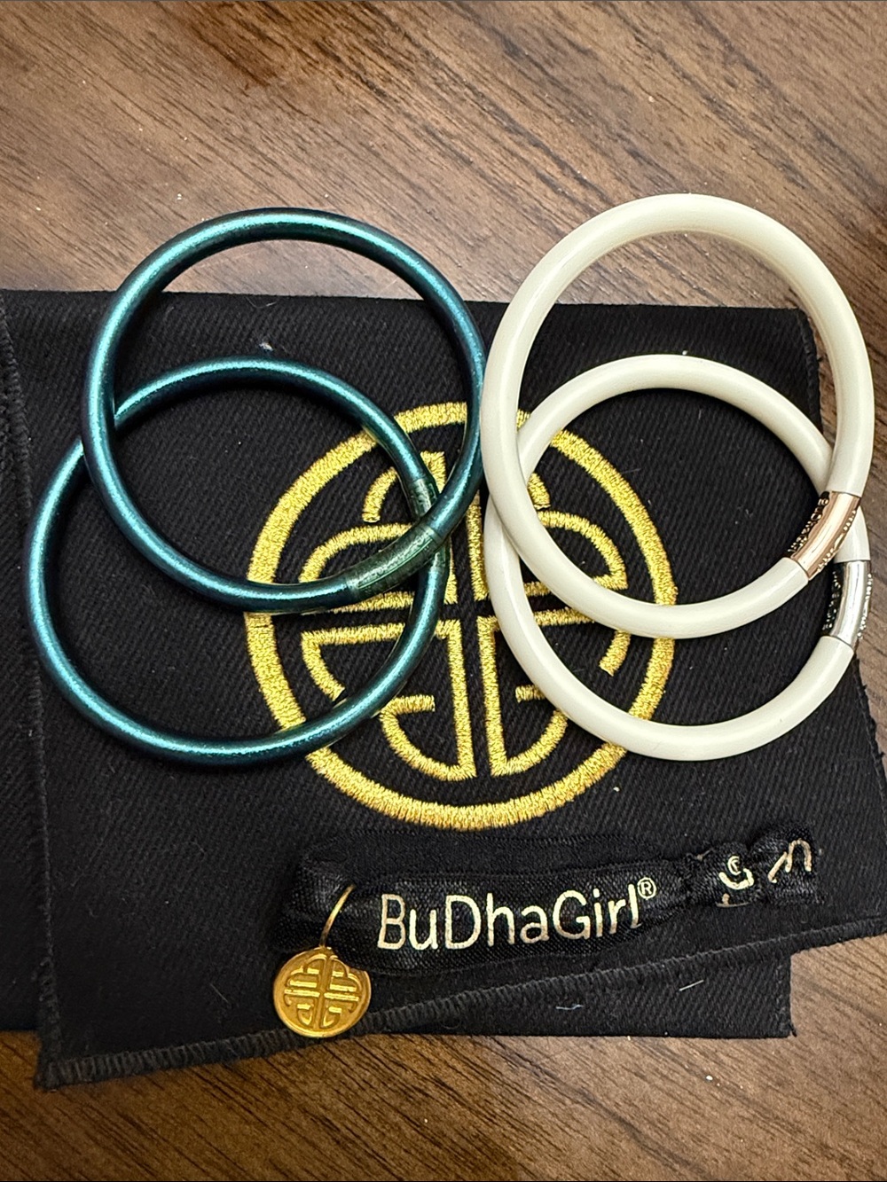 BuDhaGirl Teal and Cream Stackable Bangle Bracelet and Hair tie Set
